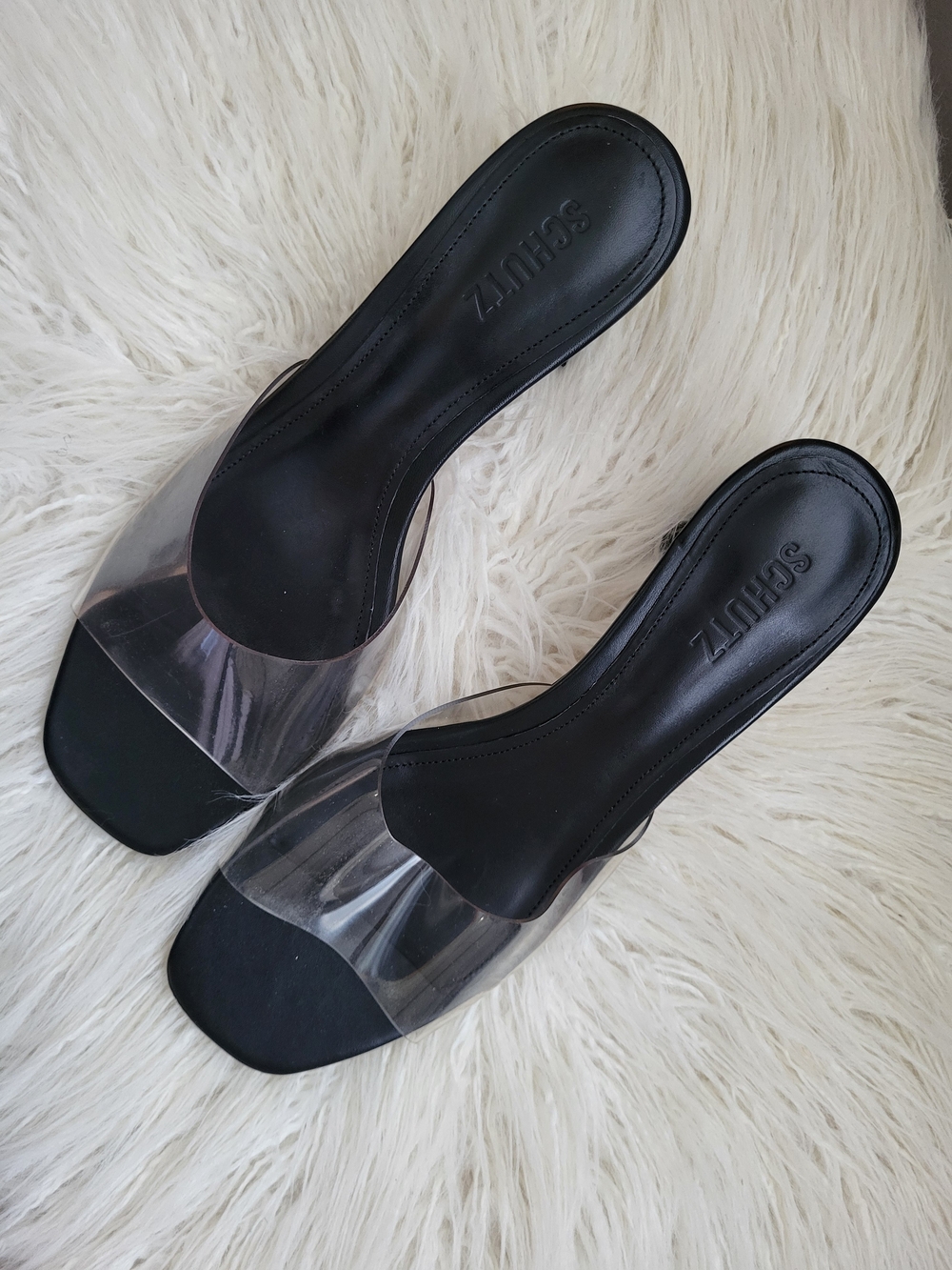 SCHUTZ Black Clear Strap Slide Mules